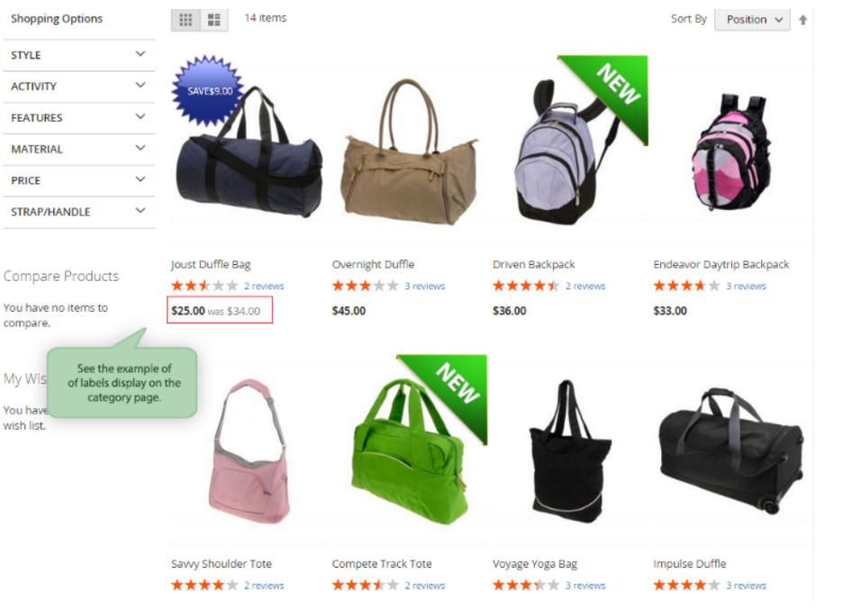 example product labels extention magento 2